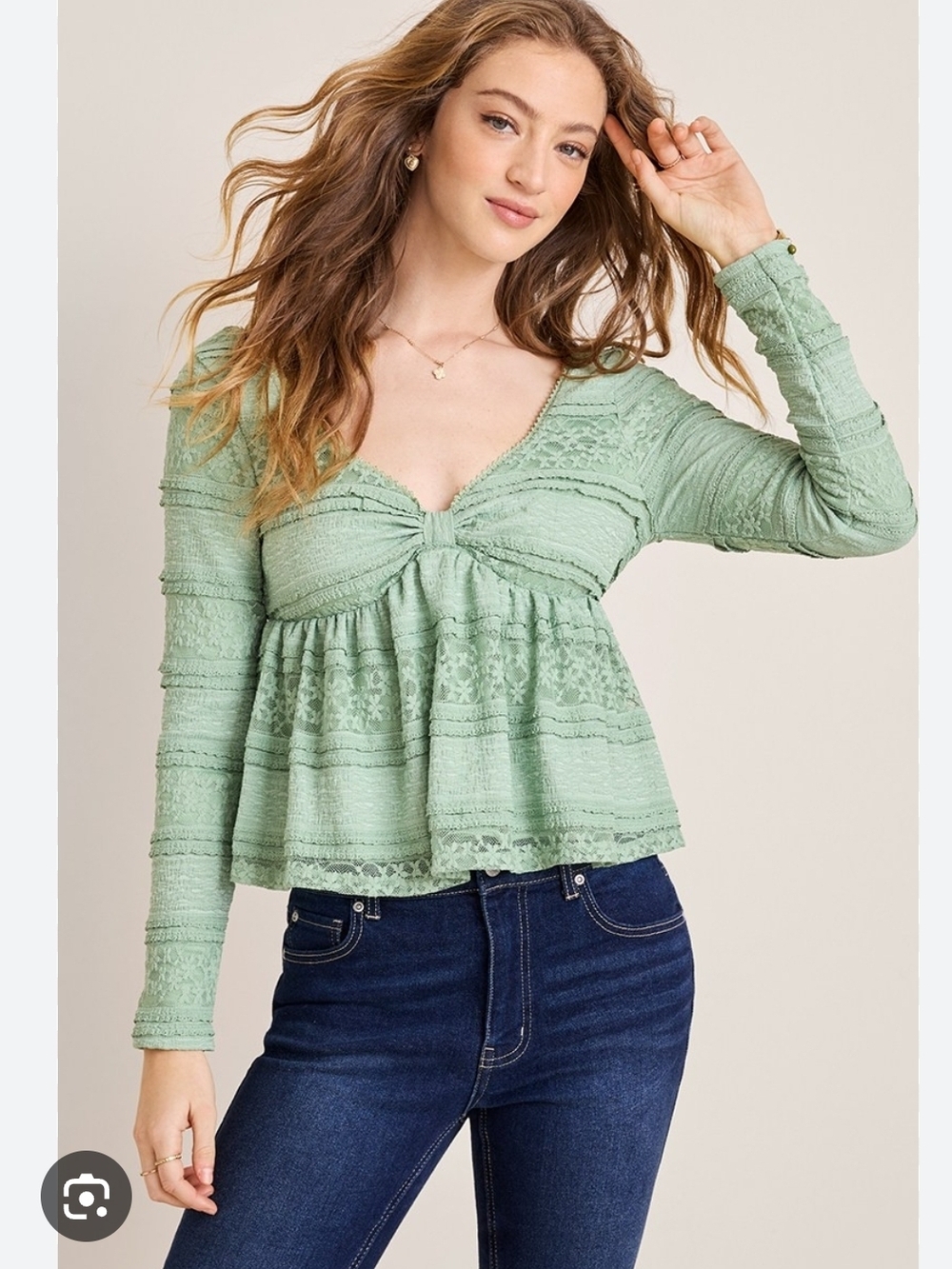 Francesca's Sage Green Lace Peplum Knot-Front Long Sleeve Top